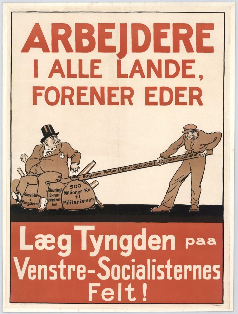 This poster is the oldest in the exhibition - from before the DKP had been named. The Party was founded in 1919 as the Left-Socialist Party of Denmark. In 1920, the Party was accepted into the World Party, Communist International. At the same time the Party changes its name to the Communist Party of Denmark. 